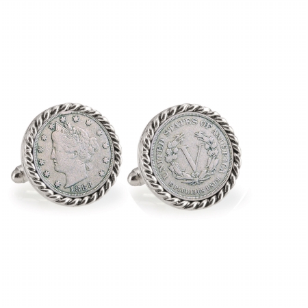 Glitter 1883 First-Year-of-Issue Liberty Nickel Silvertone Rope Bezel Cuff Links