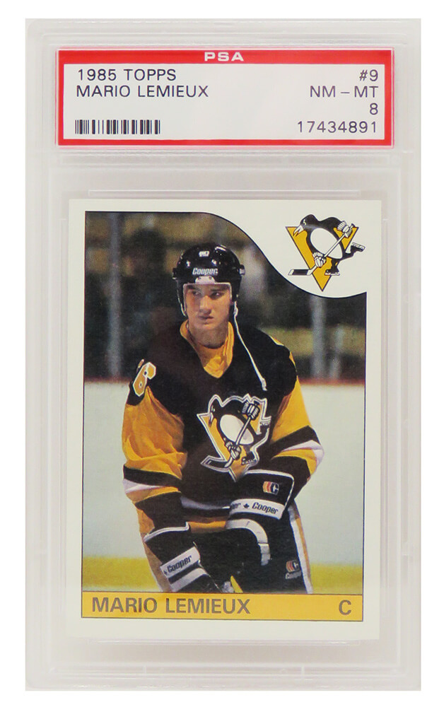 Schwartz Sports Memorabilia PS4ML85TF Mario Lemieux Signed Pittsburgh Penguins 1985 Topps Hockey RC Rookie Card - No. 9 for PSA 8 NM-MT F