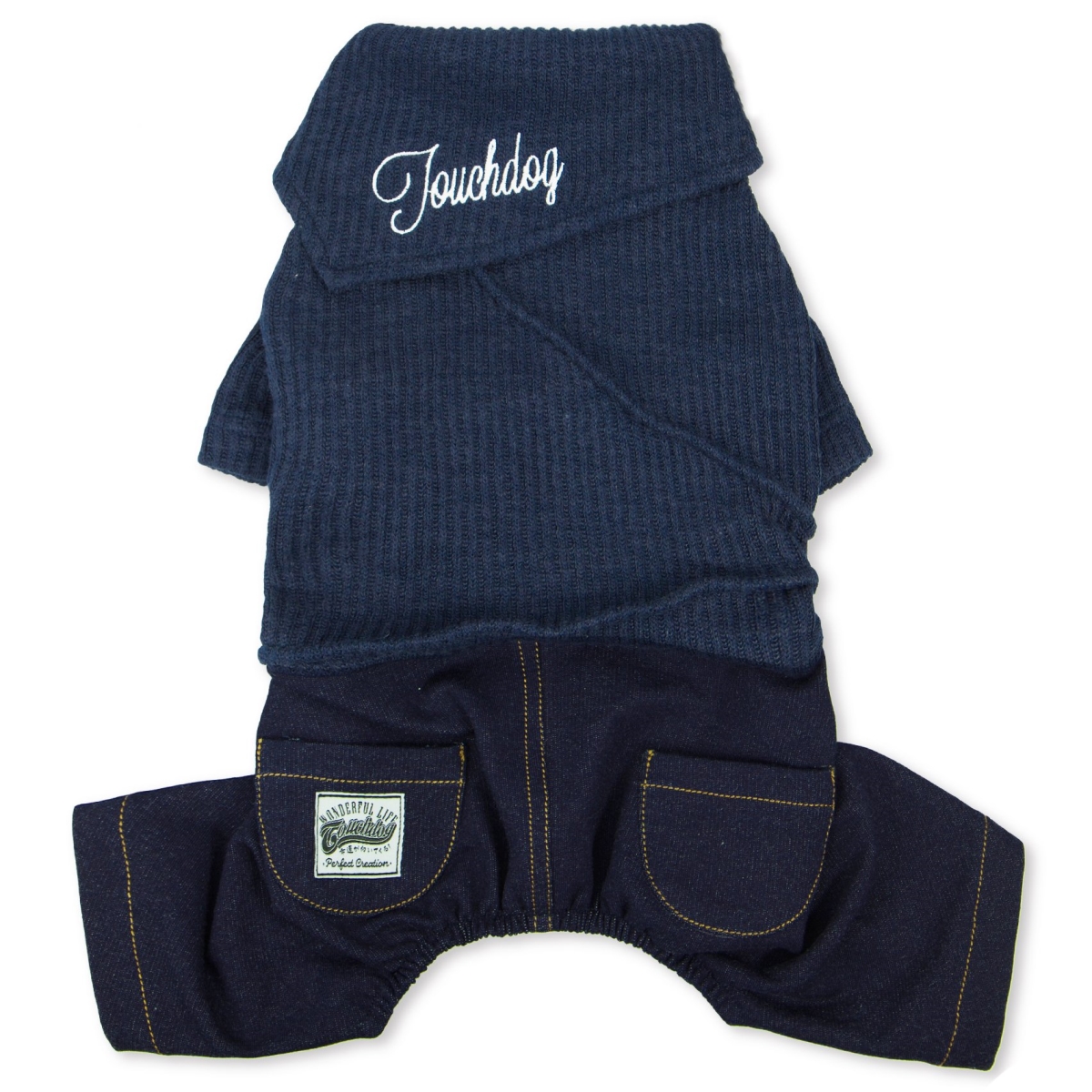 Touchdog SW22NVXL Vogue Neck-Wrap Sweater & Denim Pant Outfit - Navy - Extra-Large