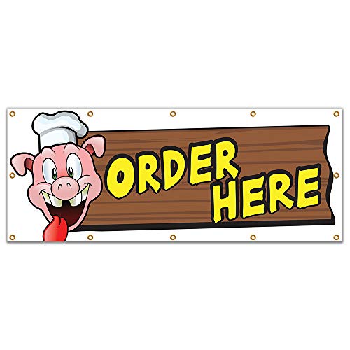 SignMission B-120 Order Here Pig Sign19 120 in. Concession Stand Food Truck Single Sided Banner - Order Here Pig Sign