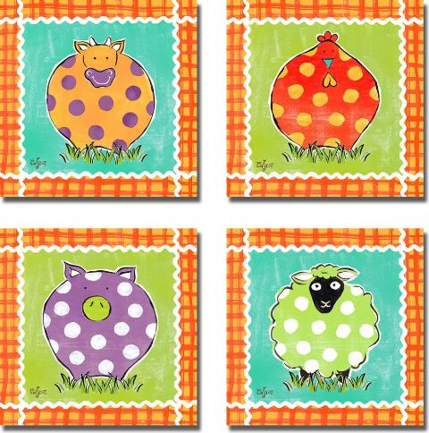 Artistic Home Gallery 1212623S Familiar Friends Collection Cow- Hen- Pig- & Sheep by Rebecca Lyon Premium Stretched Canvas Wall Art Set - 4 Piece