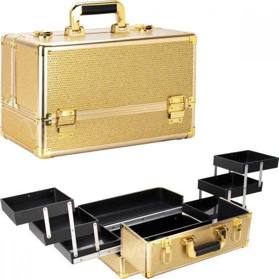 VER VP002-57 6-Tiers Easy Slide Accordion Trays Professional Cosmetic Makeup Train Case with Two Brush Holder, Gold Glitter