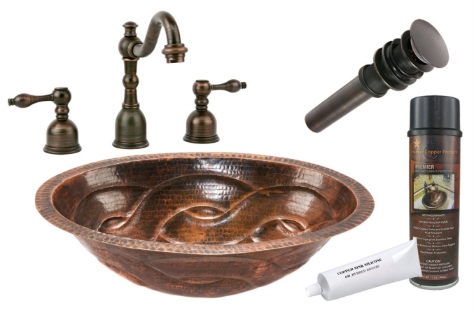 Premier Copper Products BSP2-LO19FBDDB 19 in. Copper Undermount Bathroom Sink with Braided Design  Tru Widespread Faucet