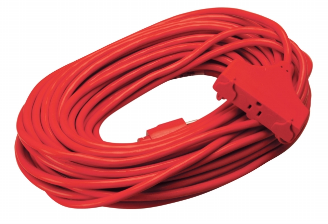 Coleman Cable 100ft. 14-3 Red 3-Outlet Round Red Extension Cord  04219