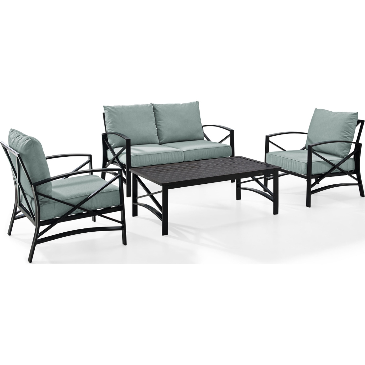 Crosley KO60009BZ-MI 4 Piece Kaplan Outdoor Seating Set with Mist Cushion - Loveseat, Two Chairs, Coffee Table