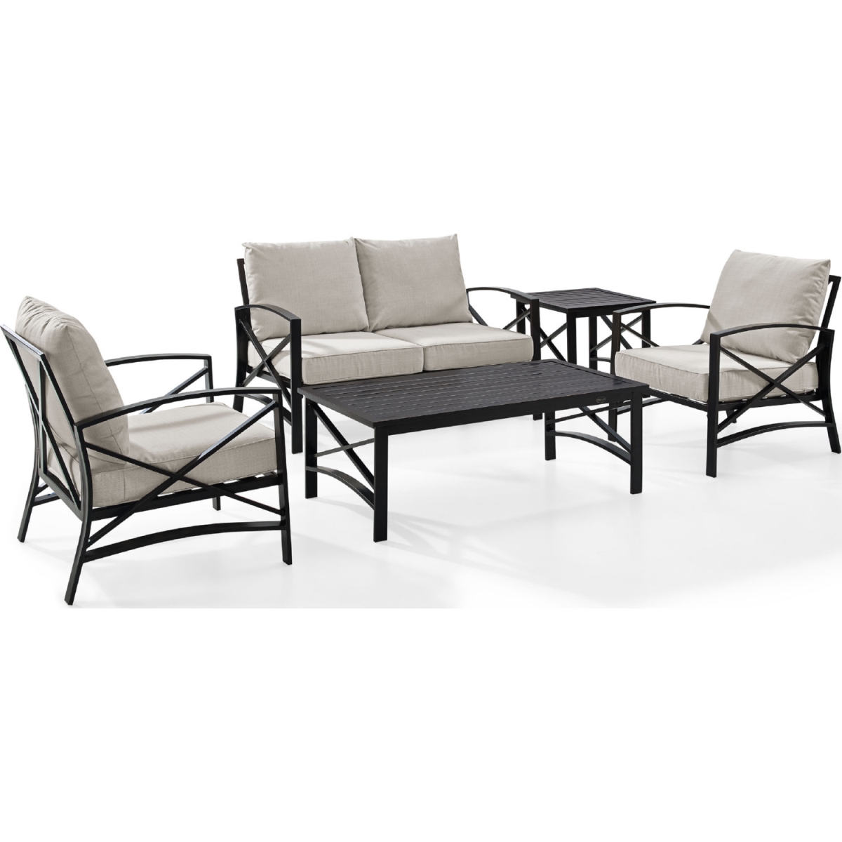 TEMPLETON 5 Piece Kaplan Outdoor Seating Set with Oatmeal Cushion - Loveseat, Two Chairs, Coffee Table, Side Table