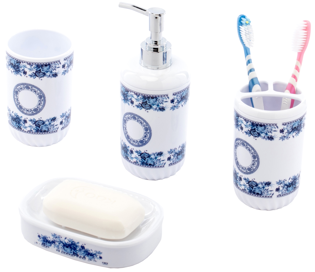 Basicwise QI003263.WT 5.5 x 0.71 x 6.5 in. Bathroom Accessory Set, White - Soap Dispenser - Toothbrush Holder -Tumbler - Soap Dish - 4 Pie