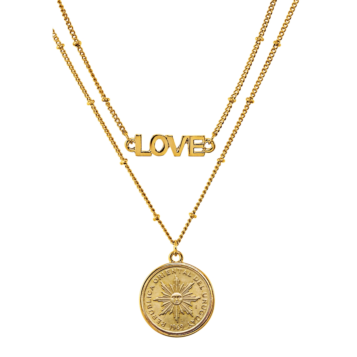UPM GLOBAL 15817 Uruguay 1 Peso Sun Coin Goldtone Double Strand Love Necklace