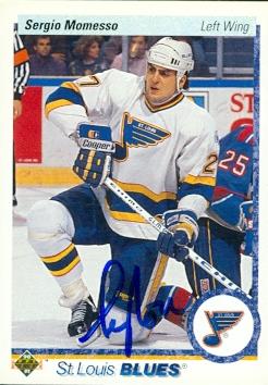Autograph Warehouse 55693 Sergio Momesso Autographed Hockey Card St. Louis Blues 1990 Upper Deck No .19