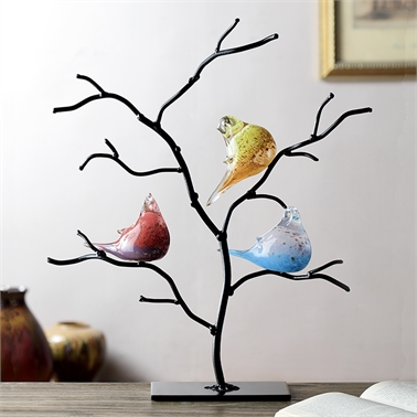 SPI Home 83018 Art Glass Bird Trio on Tree - 21.50 x 16.50 x 5.50 in.