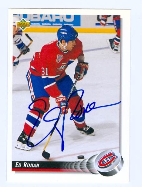 Autograph Warehouse 63582 Ed Ronan Autographed Hockey Card Montreal Canadiens 1992 Upper Deck No. 491
