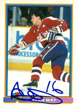 Autograph Warehouse 65224 Alan May Autographed Hockey Card Washington Capitals 1991 Bowman No. 295