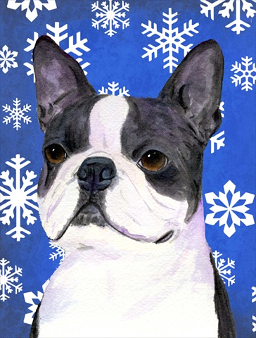 Caroline's Treasures SS4654CHF 28 x 40 in. Boston Terrier Winter Snowflakes Holiday Flag Canvas House Size