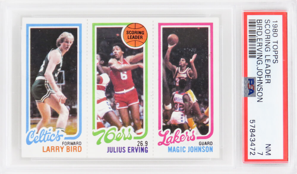 Schwartz Sports Memorabilia PS2BJ80T3 Larry Bird&#44; Magic Johnson & Julius Erving 1980 Topps Scoring Leader RC Card - PSA 7 NM - New Label - C