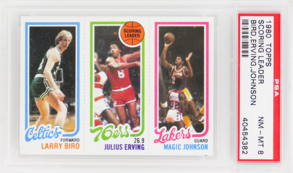 Schwartz Sports Memorabilia PS2BJ80T5 Larry Bird&#44; Magic Johnson & Julius Erving 1980 Topps Scoring Leader RC Card - PSA 8 NM-MT - E