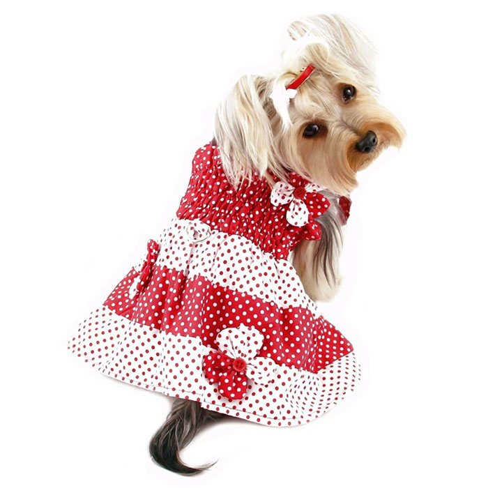 Klippo Pet KlippoPet KDR057XS Polka Dots Sun Dress With Contrasting Flowers - Red & White- Extra Small