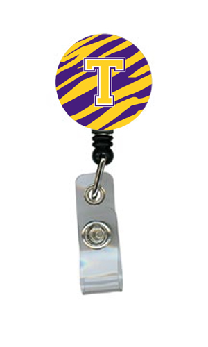 Caroline's Treasures CJ1022-T-BR Tiger Stripe - Purple Gold Initial T Monogram Initial Retractable Badge Reel or ID Holder with Clip