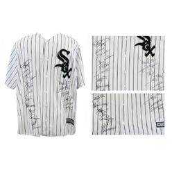 Schwartz Sports Memorabilia WHIJRY100 2005 Chicago White Sox Team Signed Chicago White Sox Pinstripe Majestic Replica Baseball Jersey&#44; White - 18 Signat