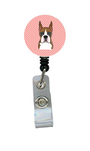 Caroline's Treasures BB1223BR Checkerboard Pink Boxer Retractable Badge Reel