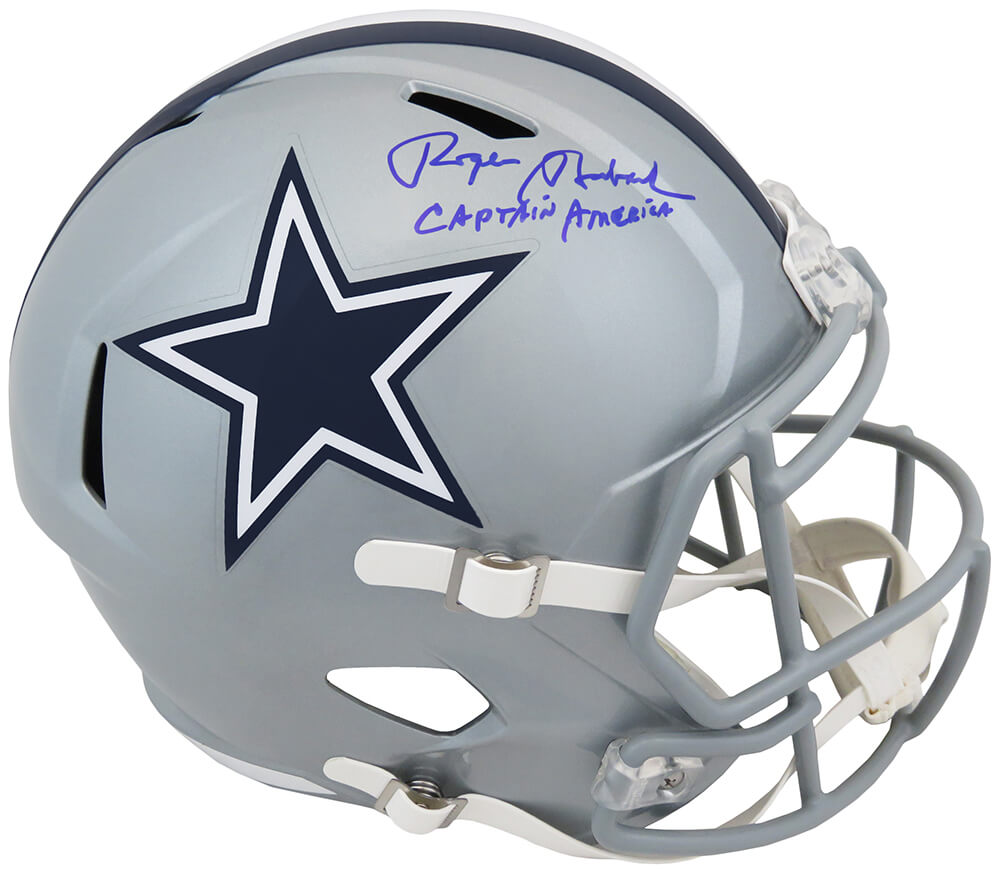 Schwartz Sports Memorabilia STAREP318 NFL Roger Staubach Signed Dallas Cowboys Riddell Full Size Speed Replica Helmet with Captain America
