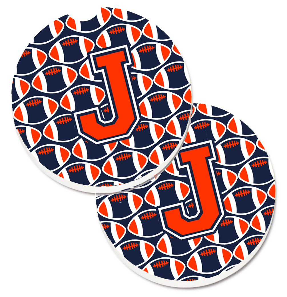 Caroline's Treasures CJ1066-JCARC Letter J Football Orange with Blue & White Set of 2 Cup Holder Car Coaster