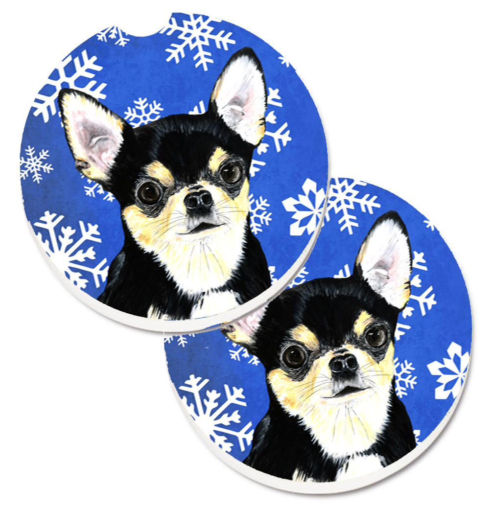 Caroline's Treasures SC9399CARC Chihuahua Winter Snowflakes Holiday Set of 2 Cup Holder Car Coaster