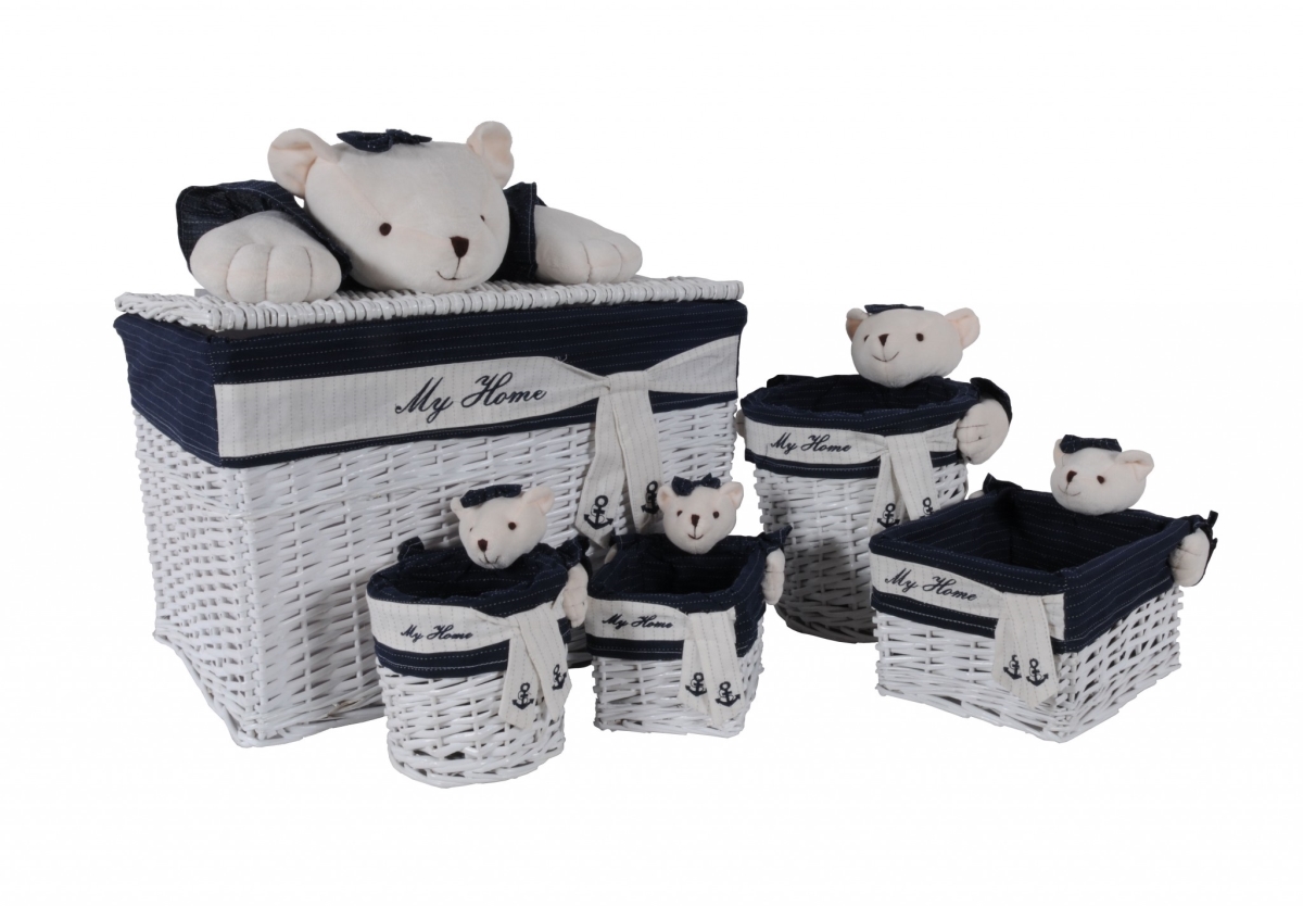 HomeRoots 364163 White & Blue Rectangular Bear Design Basket - Set of 5 - 15.5 x 23.5 x 22 in.
