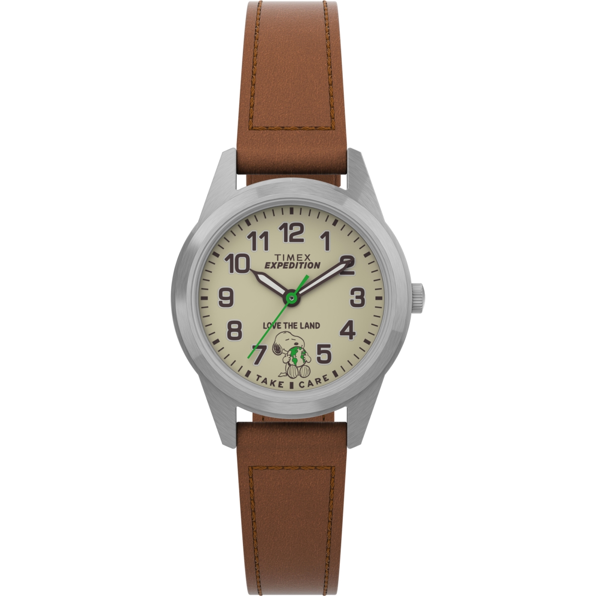 Timex TW4B25100WX 26 mm Women Peanuts Expedition Field Mini Take Care of the Earth Silver-Tone Case Natural Dial Watch with Brown Ecco