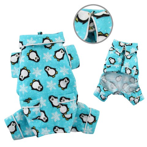 Klippo Pet KBD057XS Penguins & Snowflake Flannel Pajamas With 2 Pockets- Turquoise - Extra Small