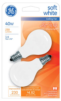 Ge Lighting 71394 40W White Candelabra Base Ceiling Fan Bulb- 2 Pack