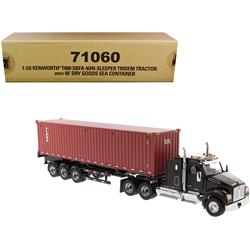 DieCast Masters 71060 Kenworth T880 SBFA 40 Sleeper Cab Tridem Truck Tractor Black Metallic with Flatbed Trailer & 40 ft. Dry Goods Sea Containe