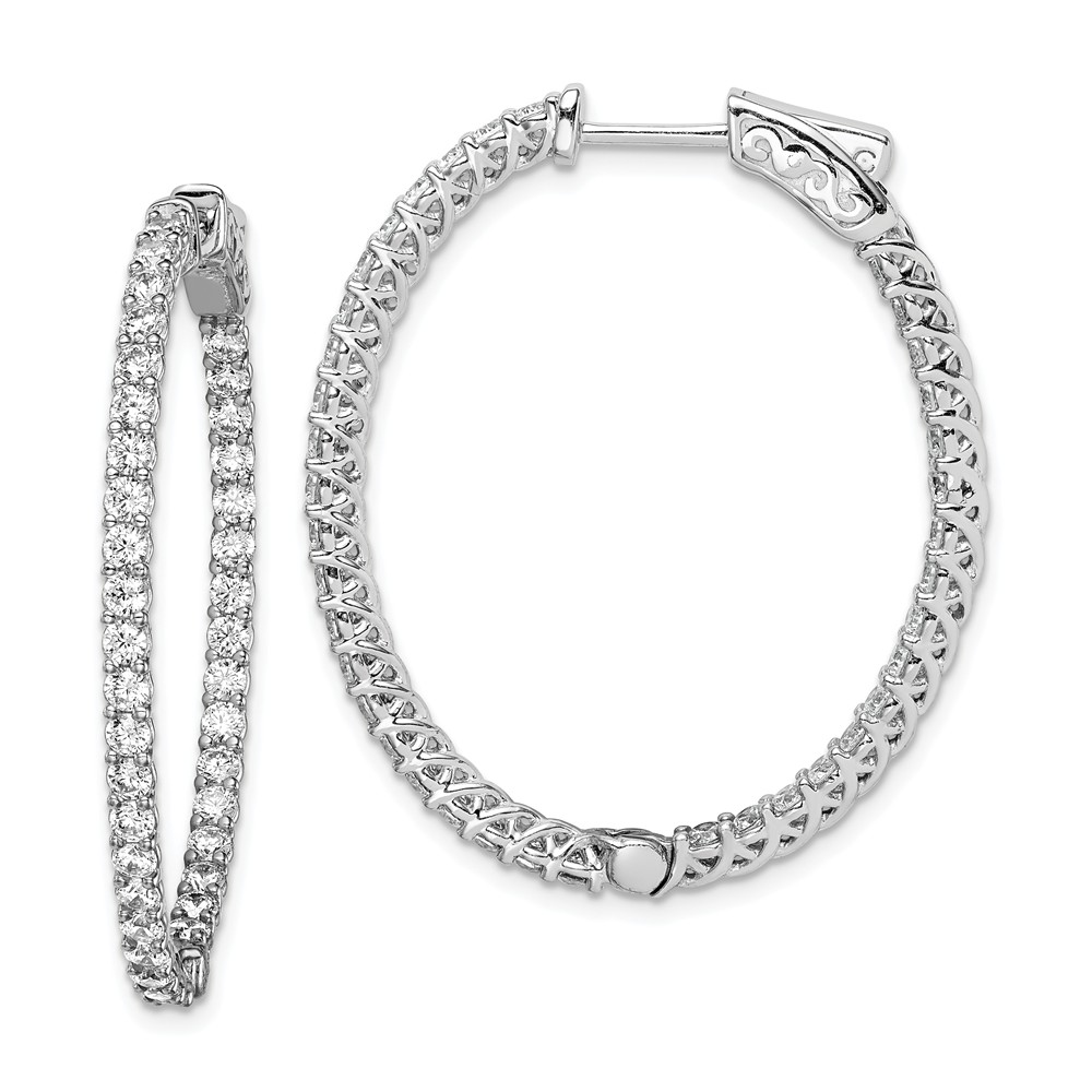 Sterling Shimmer QE7992 36 mm Sterling Silver Rhodium-Plated CZ Hinged Oval Hoop Earrings, Polished