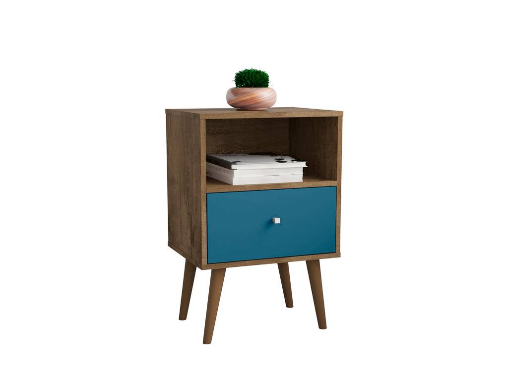 Manhattan Comfort 203AMC93 Liberty Mid-Century - Modern Nightstand 1.0 with 1 Cubby Space & 1 Drawer&#44; Rustic Brown & Aqua Blue