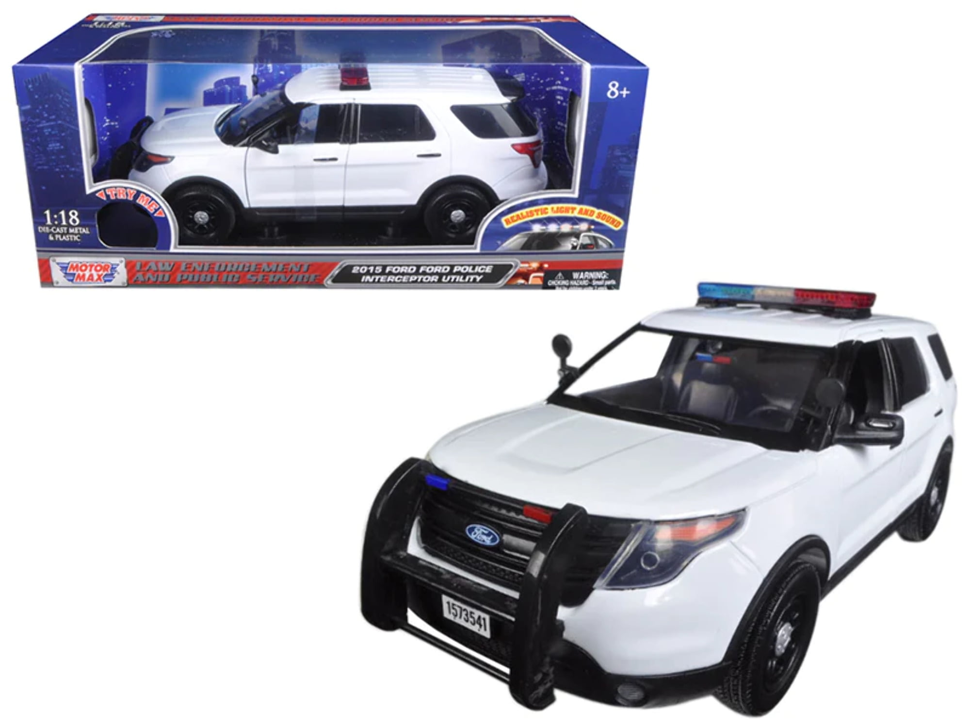 Motormax Toy 73995 1-18 2015 Ford Police Interceptor Utility Diecast Model Car with Front & Rear Lights & 2 Sounds - White