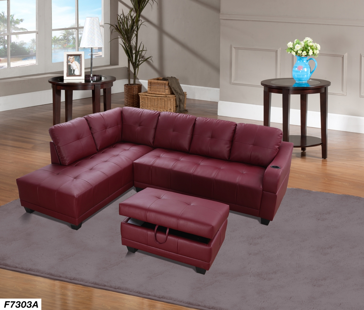Lifestyle LS7303A Left Facing Sectional Sofa Set - Faux Leather, Red - 3 Piece