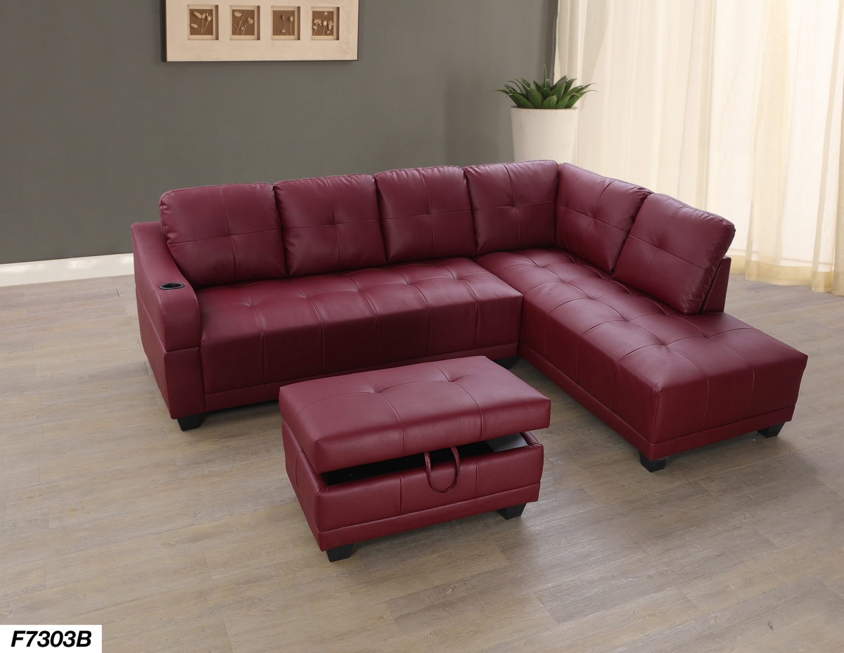 Lifestyle LS7303B Right Facing Sectional Sofa Set - Faux Leather, Red - 3 Piece
