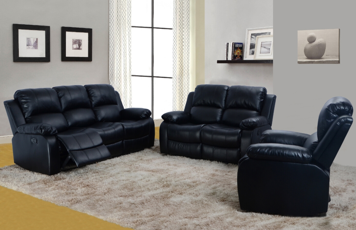 Lifestyle LS2900B-3PC Reclining Living Room Sofa Set - Bonded Leather, Black - 3 Piece