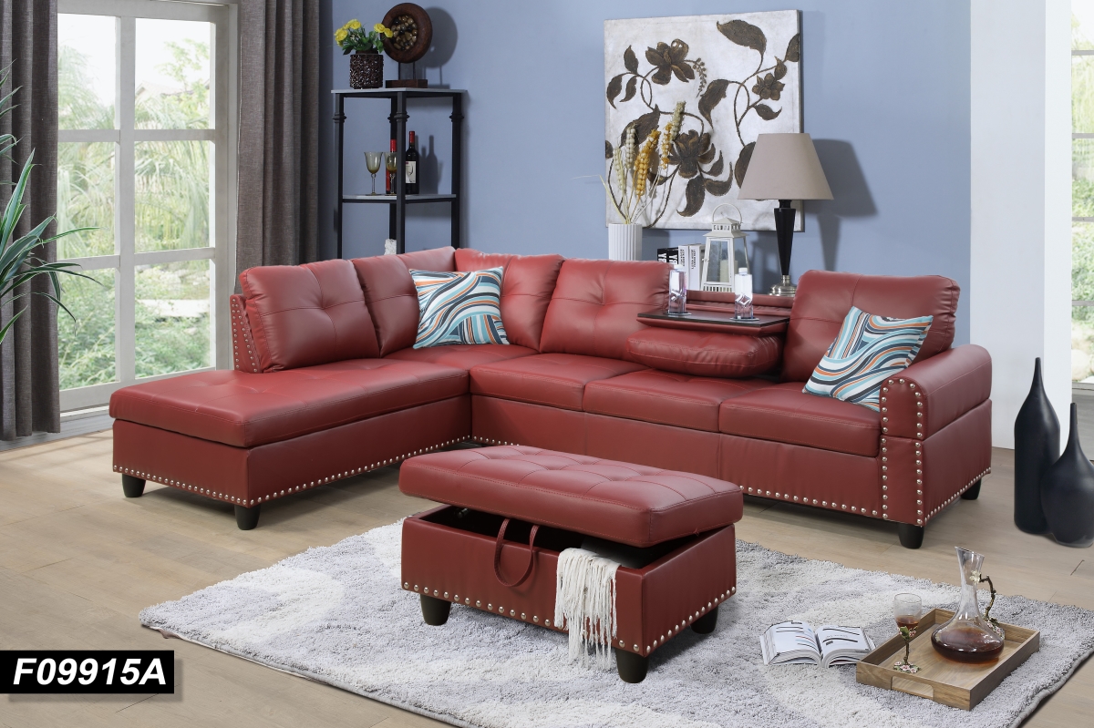 Beverly Fine Funiture F09915A Sectional Couch Sofa Set with Ottoman Left Facing Build-in Coffee Table Red Faux Leather - 3 Piece