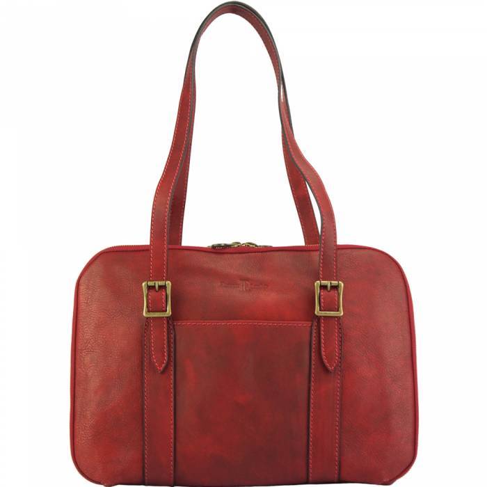 Fusiones Lena Womens Luxury Leather Shoulder Tote Handbag in Natural Cowhide Trim&#44; Dark Red