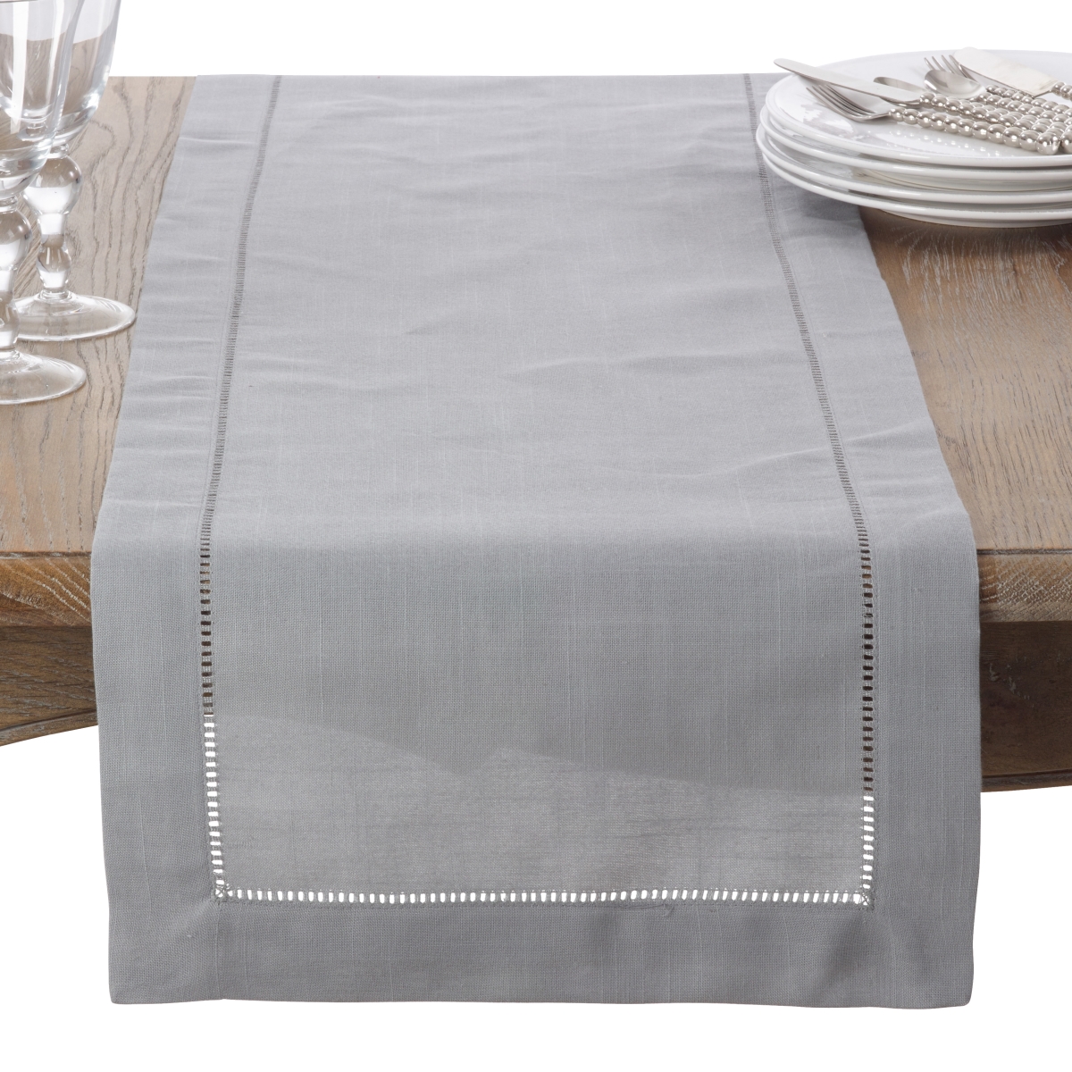 SARO LIFESTYLE 6302.GY16120B 16 x 120 in. Rochester Collection Table Runner with Hemstitched Border, Gray