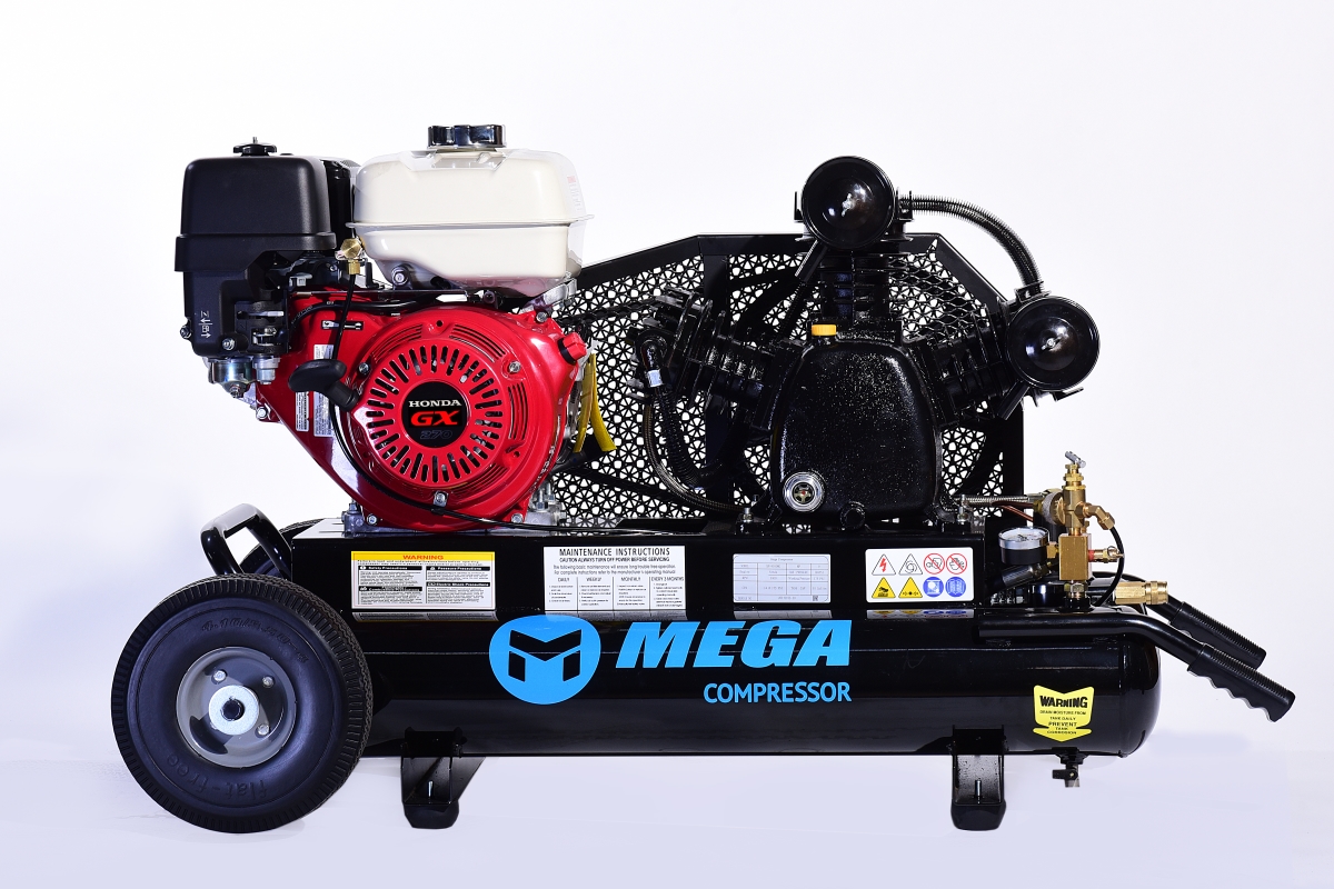 Mega Power MP-9010HG 10 gal Dual Wheeled 9 HP 14.5 CFM at 175-180 PSI Two Stage Taiwan Pump Air Compressor with Recoil Star Honda Engine