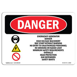 SignMission OS-DS-A-1014-L-2204 Danger Emergency Generator Danger High OSHA Aluminum Sign