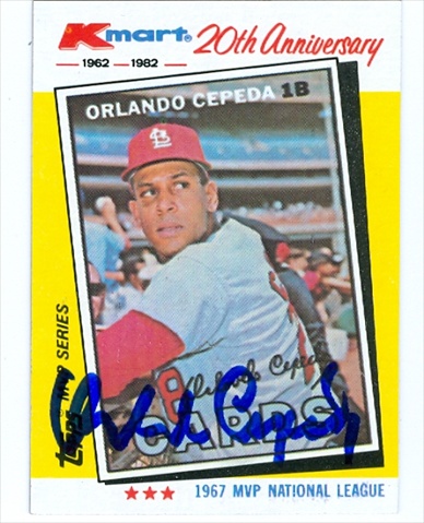 Autograph Warehouse 37900 Orlando Cepeda Autographed Baseball Card St. Louis Cardinals 1982 Kmart Mvp No. 12 67