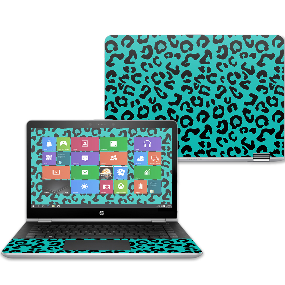 MightySkins HPPX360143-Teal Leopard 14 in. Skin Decal Wrap for HP Pavilion X360 2017 Sticker - Teal Leopard