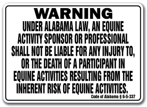 SignMission WS-Alabama Equine Alabama - Activity Liability Warning Statute Horse Farm Barn Stable Equine Sign