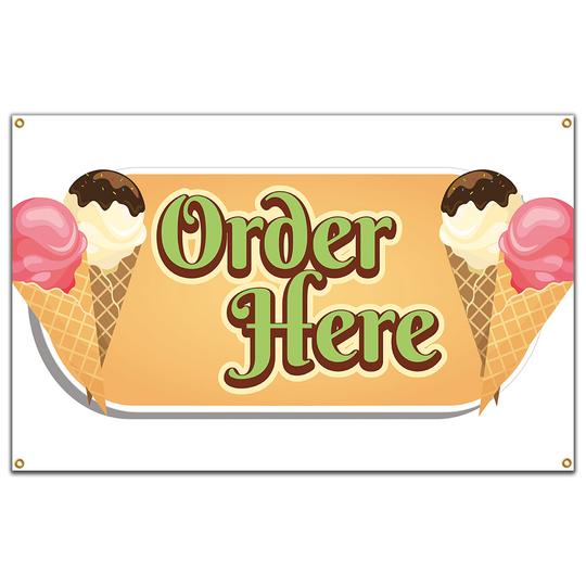 SignMission B-Ice Cream Order Here19 48 in. Ice Cream Order Here Banner with Concession Stand Food Truck Single Sided