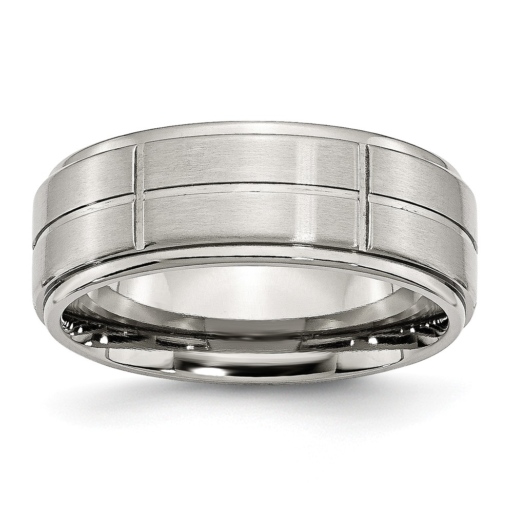Bridal SR29-9.5 8 mm Stainless Steel Grooved Brushed & Polished Ridged Edge Band - Size 9.5