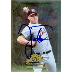 Autograph Warehouse 619027 Justin Thompson Autographed Baseball Card - Detroit Tigers&#44; SC 1998 Leaf 50th - No.56 curved