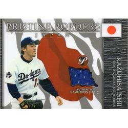 Autograph Warehouse 653572 Kazuhisa Ishii Player Worn Jersey Patch Baseball Card - Los Angeles Dodgers - 2003 Topps Pristine Borders No.PBKI
