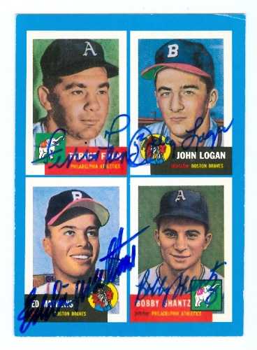 Autograph 125758 1992 Topps Bazooka No. 3 Athletics Braves Ferris Fain Johnny Logan Eddie Mathews & Bobby Shantz Autographed Baseball Card